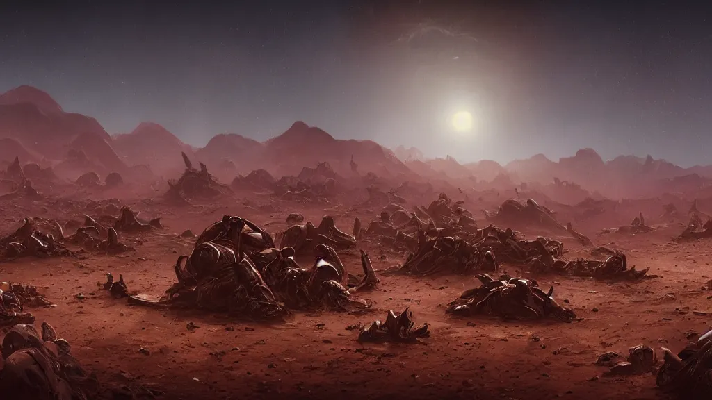 Image similar to a sinister desert planet with the ground full of corpses, desert landscape, corpses, pain, despair, dramatic lighting, cinematic, extremly high detail, photorealistic, cinematic lighting, post processed, concept art, artstation, matte painting, style by greg rutkowsky, perfect readability