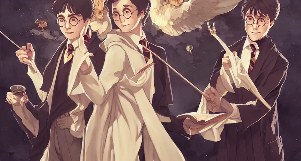 Image similar to harry potter, in the style of studio ghibli, j. c. leyendecker, greg rutkowski, artgerm