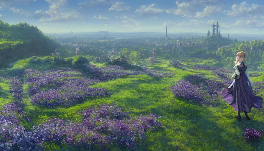 Image similar to landscape painting drone shot of violet evergarden standing on a distant flower hill, behind it a distant old german city, blue sky, sunshine, fantasy, intricate, elegant, highly detailed, digital painting, artstation, blender, unreal engine 5, octane render, smooth, sharp focus, illustration, by Philipp A. Urlich and greg rutkowski