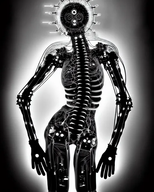 Image similar to black and white cyborg - plant goddess high quality photo, microchip, artificial intelligence, bio - mechanical bio - luminescence, black wired cables, neurons, nerve cells, cinematic, rim light, photo - realistic, high detail, 8 k, masterpiece, high fashion, in the style of steven meisel dora maar h. g. giger