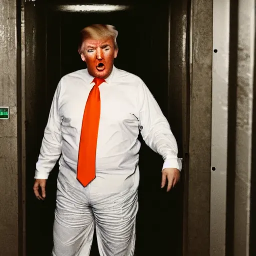 Image similar to photographic still of donald trump in jail, orange prisonner gear, medium shot, photorealistic, ultradetailed, filthy and humid prison, natural light, by terry richardson