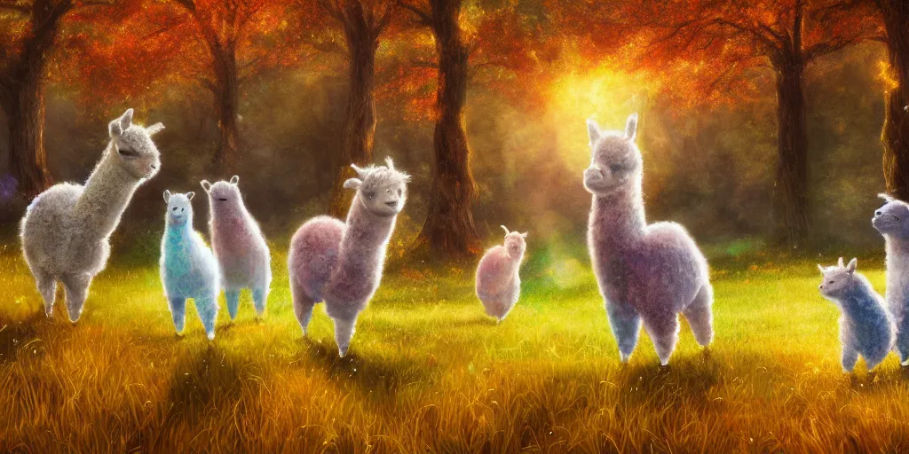 Image similar to magical fairy alpacas frolicking in a field, autumn, sparkles, light beams, digital art, oil painting, fantasy, 8 k, trending on artstation, detailed