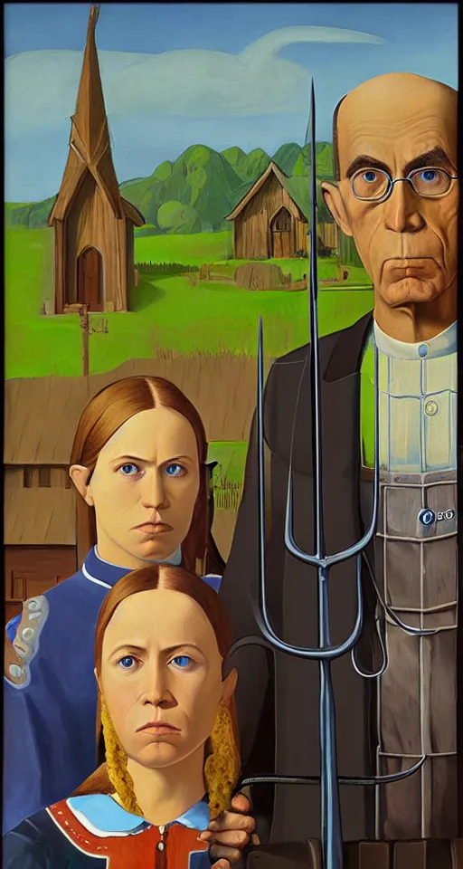 Image similar to american gothic by grant wood in the style of Legend of Zelda: Breath of the wild