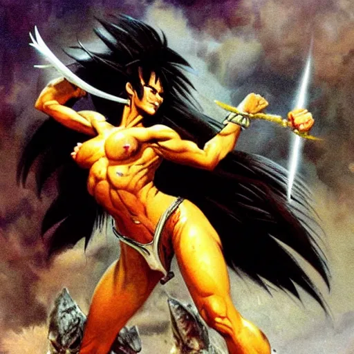 Image similar to Savage battlescarred Saiyan warrior girl, cavewoman, wild spiky black electrified hair, pelt, scimitar, primeval fantasy, prehistoric fantasy, orcs, goblins attacking, 1980s pulp fantasy, art by Frank Frazetta and Boris Vallejo