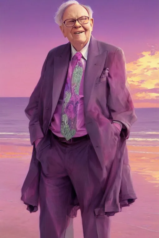 Image similar to warren buffet robotic clothes in the beach purple sun, pink lighting ultra realistic photorealistic highly detailed high quality, a stunningly, digital painting, artstation, concept art, smooth, sharp focus, illustration, art by artgerm and greg rutkowski and alphonse mucha 8 k