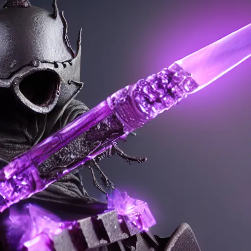 Image similar to Abyss Watcher, Purple Crystals, Mystic Creature, Light fog, purple glowing complex crystal head, black sword with purple flames, raytracing, 40nm lens, shallow depth of field, split lighting, 4k,