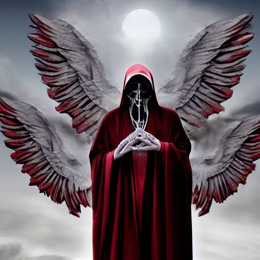 Prompt: aesthetically pleasing image of the whitewinged angel of death wearing a crimson and black robe descending on the innocent in their graves