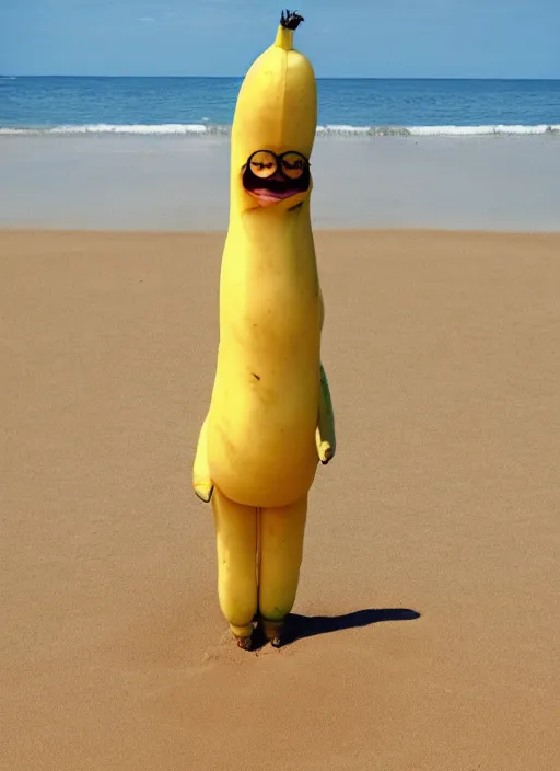 Image similar to jeff goldblum as a banana on the sand of a beach