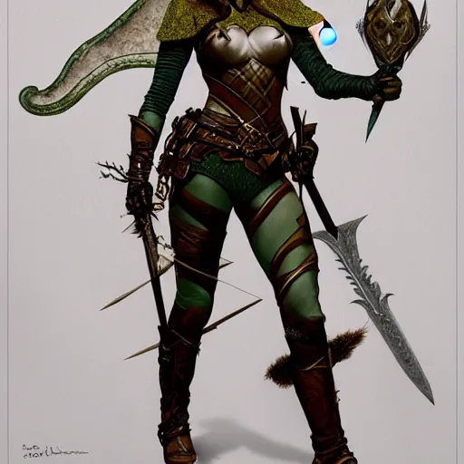 Image similar to half length portrait of hannah waddingham as an elf ranger in studded leather armor, d & d, medieval, fantasy, royo, klimt, miro, vallejo, frazetta, alphonse mucha, greg rutkowski, whealan