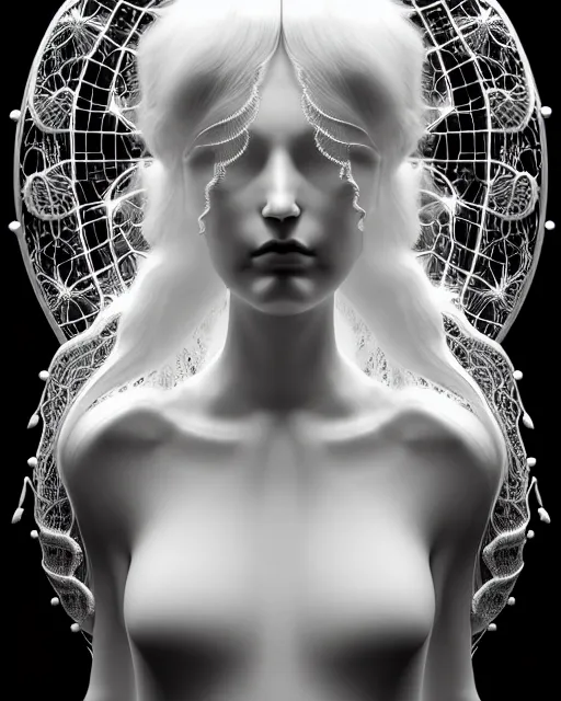 Image similar to dreamy soft luminous bw 3 d octane render, beautiful spiritual angelic biomechanical albino girl cyborg with a porcelain profile face, very long neck, rim light, big leaves and stems, roots, fine foliage lace, alexander mcqueen, art nouveau fashion embroidered collar, steampunk, silver filigree details, hexagonal mesh wire, mandelbrot fractal, elegant