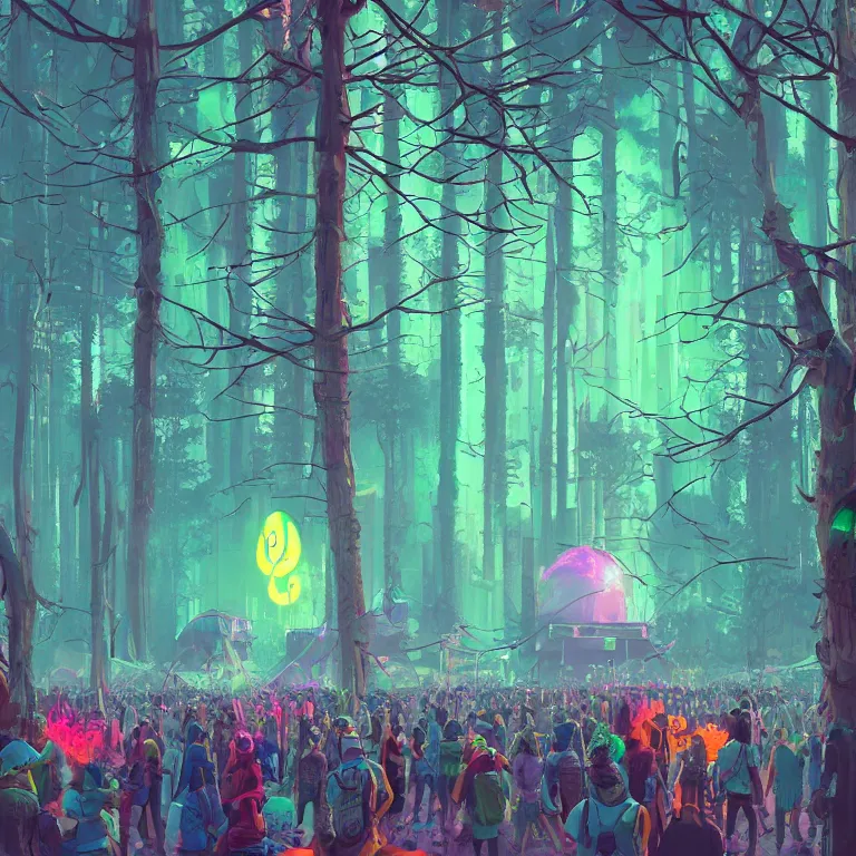 Prompt: A person at a music festival, bright portals, tall trees, loud bass music, rave, speakers, cyberpunk Detailed digital matte painting in the style of simon stalenhag, artstation, psychedelic