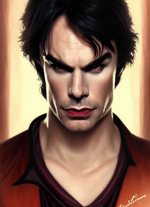 Image similar to portrait of ian somerhalder as a sultry vampire lord, damon salvatore, jewelry, greek, saphire, intricate, headshot, highly detailed, digital painting, artstation, concept art, sharp focus, cinematic lighting, illustration, art by artgerm and greg rutkowski, alphonse mucha, cgsociety