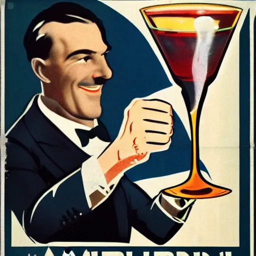 Image similar to a man holding a martini with an otter swimming in it while the otter gives a thumbs up in a 1 9 2 0 s advertisement poster