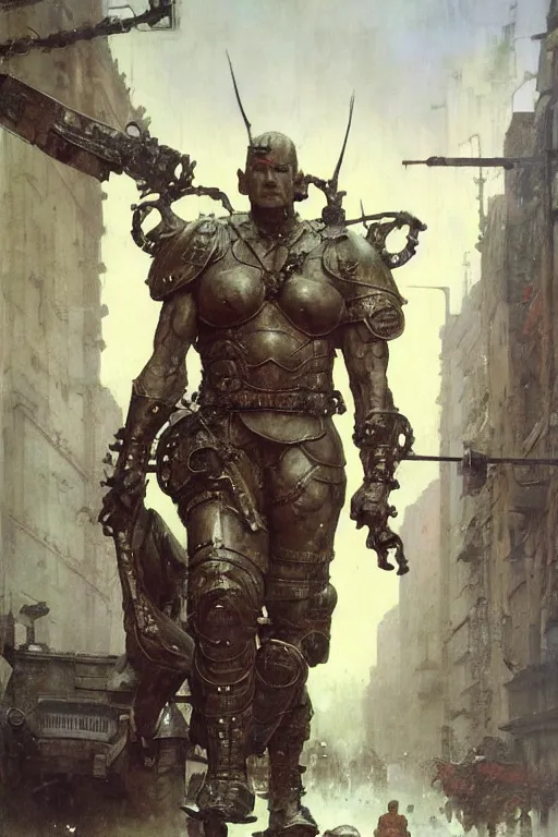 Prompt: a soldier on city street accompanies martyn ford as a huge bipedal dhell emon with bulbous torso wearing armour, painted by ruan jia, raymond swanland, lawrence alma tadema, zdzislaw beksinski, norman rockwell, jack kirby, tom lovell, alex malveda, greg staples