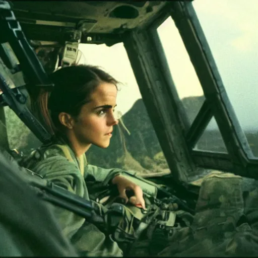 Prompt: film still, extreme far view, emma watson, in bell huey, door gunner, machine gun, apocalypse now, associated press, 2 6 mm, kodak ektachrome, blue tint expired film,