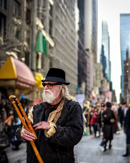 Prompt: mysterious man dressed as the pied piper of hamelin plays his cane pipe, as thousands of children march behind him thru the streets of downtown nyc, cinematic, supernatural, bokeh