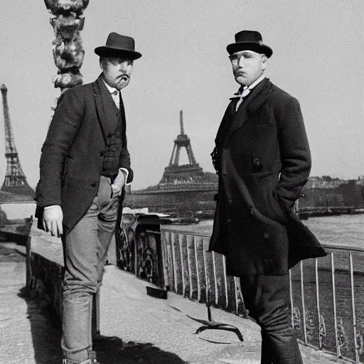 Prompt: mcgregor is dressed as a gentleman at early 2 0 th century paris. he is having a coffee at the banks of river seine. ewan mcgregor has a coffee cup on his hand. next to him is a small brown cat with yellow glowing eyes, by jack kirby