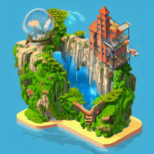 Prompt: isometric webdesign icon for paradise blossoming aquarium of eden with waterfall, 3 d render, by artgerm, tooth wu, dan mumford, beeple, wlop, rossdraws, james jean, andrei riabovitchev, marc simonetti, yoshitaka amano, artstation