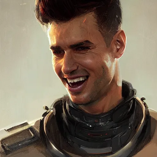 Image similar to portrait of a man by greg rutkowski, he is about 3 0 years old, mixture between german and turkish, copper quiff hair, uncanny smile, very tall and slender, he is wearing a futuristic police gear, highly detailed portrait, digital painting, artstation, concept art, smooth, sharp foccus ilustration, artstation hq