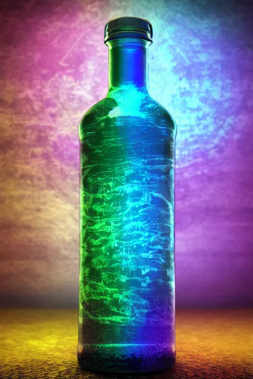 Prompt: photo of a rainbow colored filigran steampunk bottle, band merchandise, bandname is tripmachine, realistic digital art, label on the bottle is printed with a 3 d render of a huge futuristic steampunk generator, 8 k, fluorescent colors, halluzinogenic, multicolored, exaggerated detailed, unreal engine