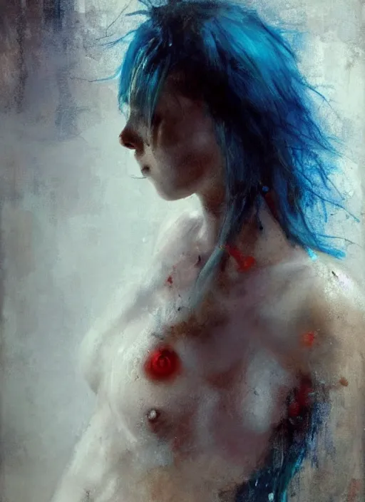 Prompt: painting of a beautiful goddess with blue hair, unclothed, soaked in blood, her beating heart exposed, she stares directly at the viewer, by Jeremy Mann, stylized, detailed, realistic, grim, dark tones, intimate, loose brush strokes