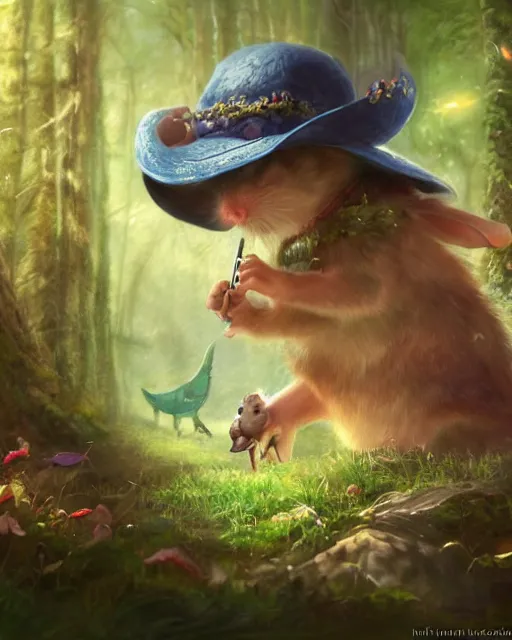 Image similar to Mouse playing Flute in magical forest, portrait, wearing hat, magical notes, fairy atmosphere, magic the gathering artwork, D&D, fantasy, cinematic lighting, centered, symmetrical, highly detailed, digital painting, artstation, concept art, smooth, sharp focus, illustration, volumetric lighting, epic Composition, 8k, art by Akihiko Yoshida and Greg Rutkowski and Craig Mullins, oil painting, cgsociety