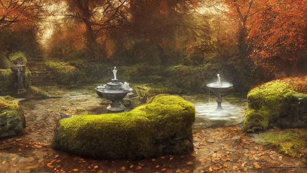 Image similar to autumn in the secret garden. a tiny fountain statue is frozen. andreas achenbach, artgerm, mikko lagerstedt, zack snyder, tokujin yoshioka