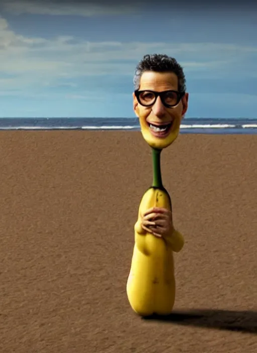 Prompt: jeff goldblum as a banana on the sand of a beach