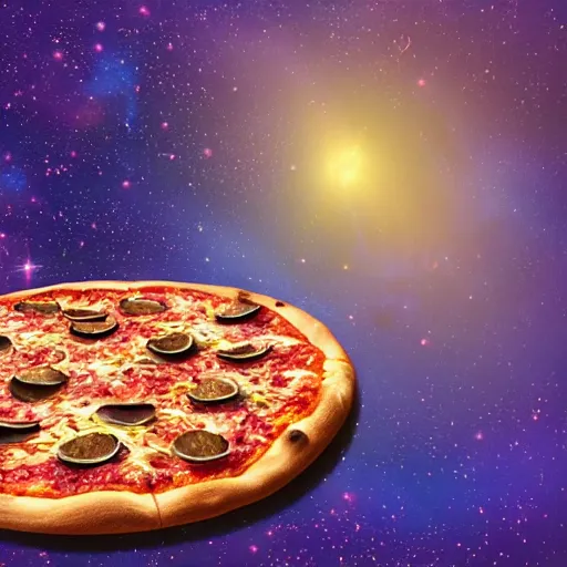 Prompt: a pizza floating in space photoreal art raytraced glowing stars galaxy