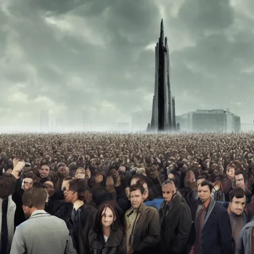 Prompt: one suspiciously tall man in crowd of people, figure in trench coat, very very tall, blending into crowd, zoom photography, ultrarealistic, concept art