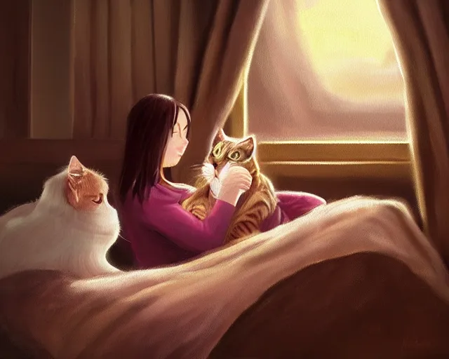 Prompt: a beautiful warm fuzzy painting of a woman curled up with a blanket, petting a cat who is purring with eyes closed. they are both sitting next to a window watching the sun set in winter. trending on artstation, concept art, lofi, digital illustration