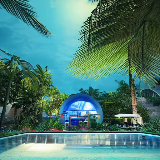 Image similar to a bar made with translucid fabric, swimming pool in front, parametric, blue hour, hyperrealistic, elevation, vray, unreal engine, lush tropical plants