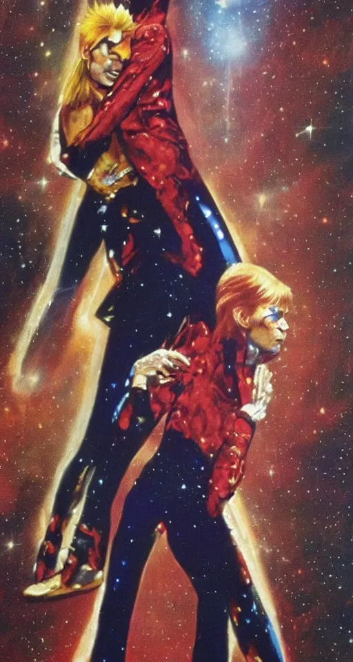 Prompt: david bowie giving a piggy back ride to ziggy stardust. glam rock. cosmic. peter elson. detailed faces over shoulder