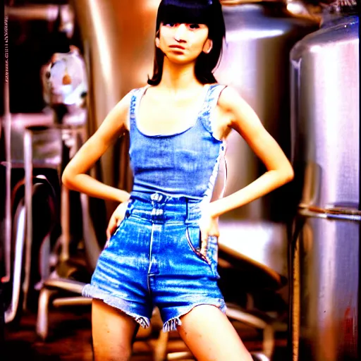 Prompt: gracefully enchanting studio portraiture of finely fashionable, elegantly dressed, stunning reserved young uzbek model who is slender, tank top, denim shorts. nikon fm 2 film still taken in a boiler room. by the greatest artists of art deco and modern manga