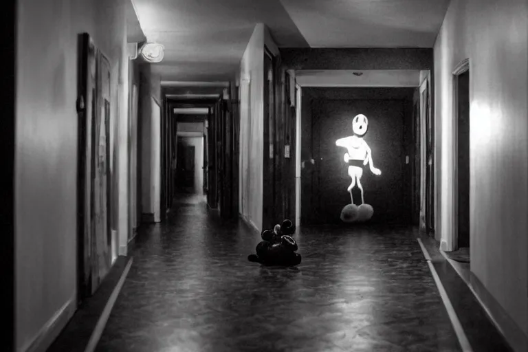 Prompt: a photo of a very long backrooms hallway with a creepy looking mickey mouse at the end of the hallway, staring with an evil grin, dark, horror, detailed, hd