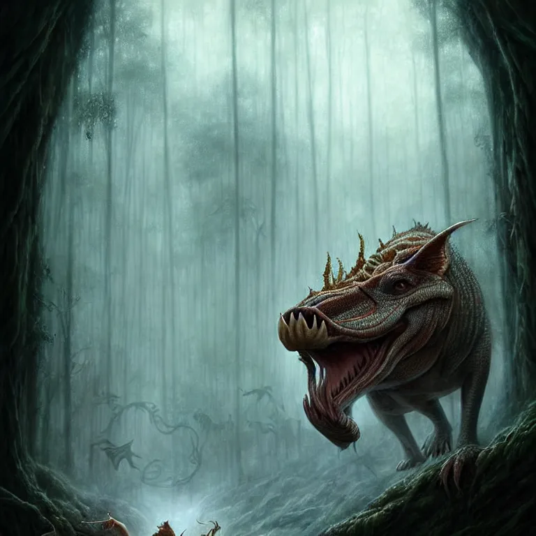 Image similar to epic professional digital art of hungry 🐲❄🐖 jungle, faint atmospheric lighting, painted, intricate, detailed, by leesha hannigan, wayne haag, reyna rochin, ignacio fernandez rios, mark ryden, iris van herpen, best on artstation, cgsociety, epic, stunning, gorgeous, much wow, cinematic, masterpiece.