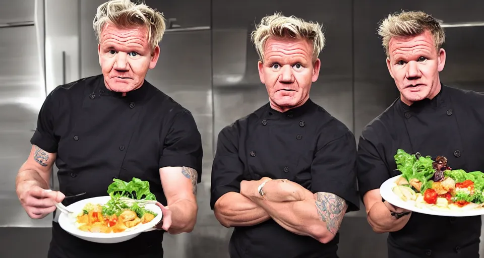 Image similar to gordon ramsay and gordon ramsay nervously showing the camera a dish that each of them prepared