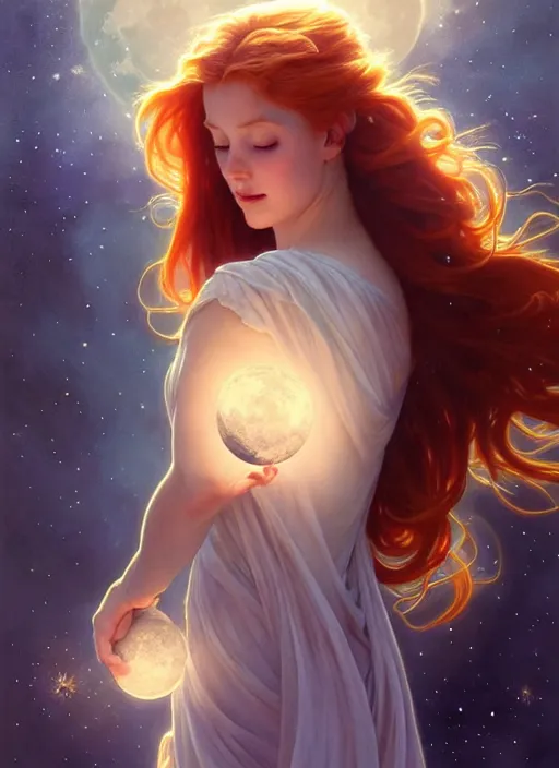 Image similar to beautiful redhead girl surrounded by starlight, eyes closed, moon behind her, holding a fairy in her hand, shiny, fantasy, int ricate, elegant, hyper detailed, ultra definition, photoreal, artstation, unreal engine rendered, concept art, smooth, sharp focus, illustration, art by artgerm and greg rutkowski and alphonse mucha and garis edelweiss