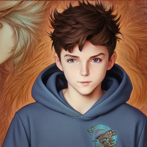 Prompt: teen boy with short brown hair and big blue eyes, wearing a hoodie, path traced, highly detailed, high quality, digital painting, by don bluth and ross tran and studio ghibli and alphonse mucha, artgerm, tankoban, 4 k, fantasy painting, pixar animation style, rossdraws, wlop, sylvain sarrailh