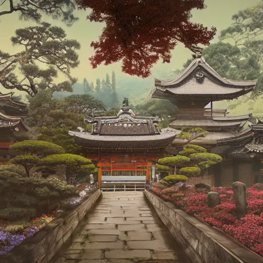 Image similar to traditional shinto garden, photorealistic, baroque, renaissance, by emedios varo and anato finnstark and fenghua zhong, hyperrealism, 4 k 8 k, 3 d, masterpiece, texture, captivating, awe inspiring