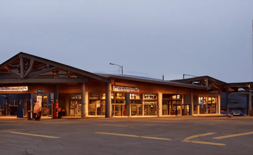 Image similar to exterior photo of the port byron travel plaza, a boring white a - frame build, depressing scene from being john malcovich film directed by charlie kaufman ( 2 0 0 1 ), moody cinematography and lighting, 2 4 mm anamorphic lens