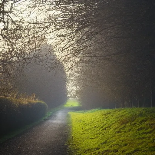 Prompt: Beautiful cameraphone, soft liminal Photograph of an estate road at early morning, hedge