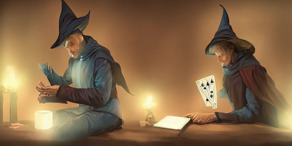 Image similar to wizard shuffling cards, cardistry, fantasy, digital art, soft lighting, concept art, 8 k