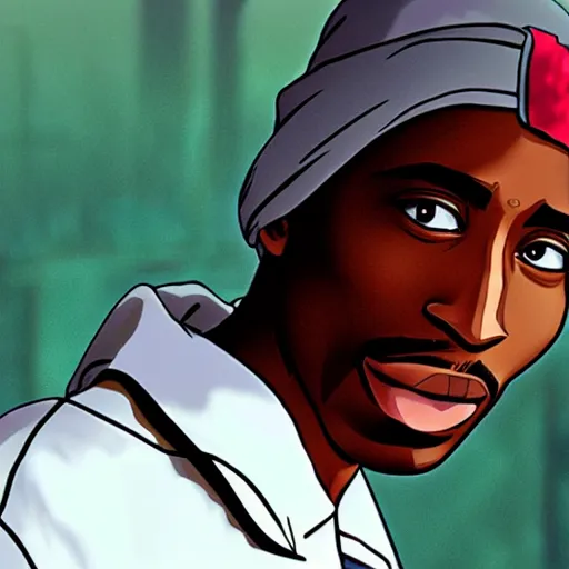 Image similar to Tupac Shakur, screenshot from a 2012s anime