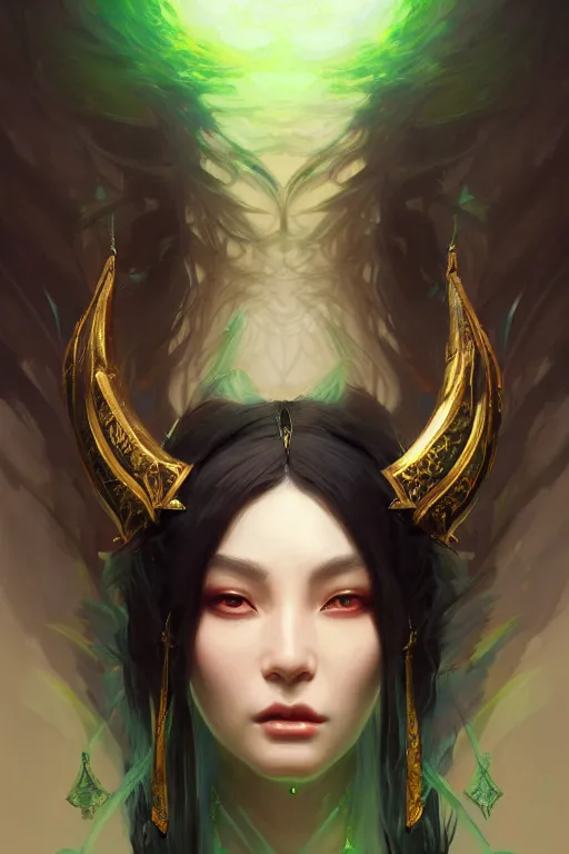 Prompt: ultra detailed beautiful high priestess, black long hair, green eyes, sharp bone structure, extremely detailed digital painting, in the style of fenghua zhong and ruan jia and jeremy lipking and peter mohrbacher, mystical colors, rim light, beautiful lighting, 8 k, stunning scene, raytracing, octane, trending on artstation