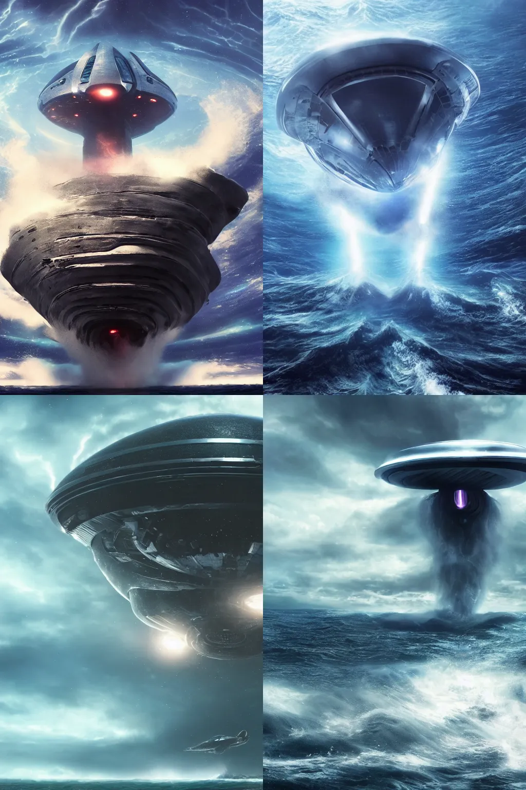 Prompt: a giant alien spaceship crashing into the ocean, epic, dramatic, disaster, 4k, high quality