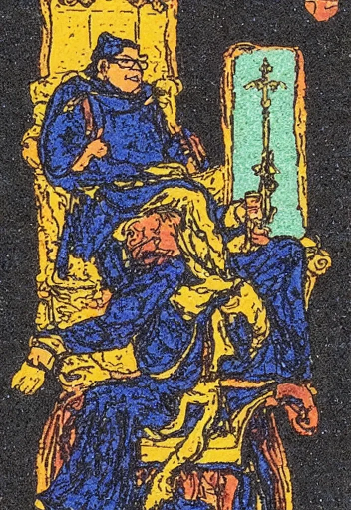 Image similar to Yann LeCun sitting on the throne on a tarot card, illustrated on the Rider–Waite tarot.