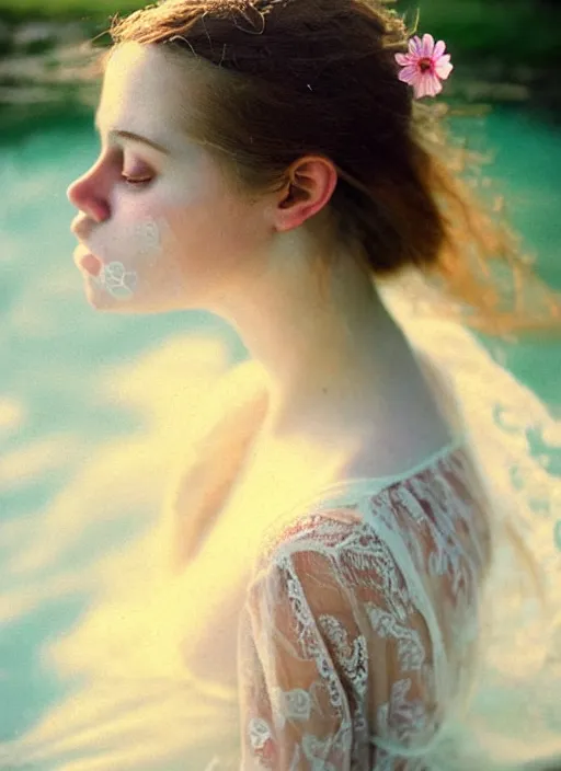 Prompt: Kodak Portra 400, 8K, soft light, volumetric lighting, highly detailed, britt marling style 3/4, portrait photography of a beautiful woman how pre-Raphaelites, half face in the water, nose eyes and mouth out of the water ,a beautiful lace dress and hair are intricate with highly detailed realistic beautiful flowers , Realistic, Refined, Highly Detailed, natural outdoor soft pastel lighting colors scheme, outdoor fine art photography, Hyper realistic, photo realistic