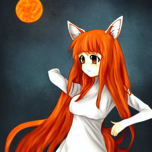 Image similar to cute anime foxgirl with long curly orange hair and two fox ears on her head wearing white dress by jdotkdot5