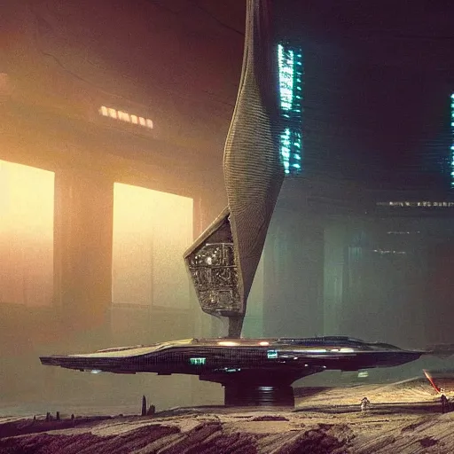 Image similar to scene from bladerunner 2 0 4 9 movie, hr giger artlilery spaceship lands in an alien landscape, filigree ornaments, volumetric lights, ian mcque, beksinski